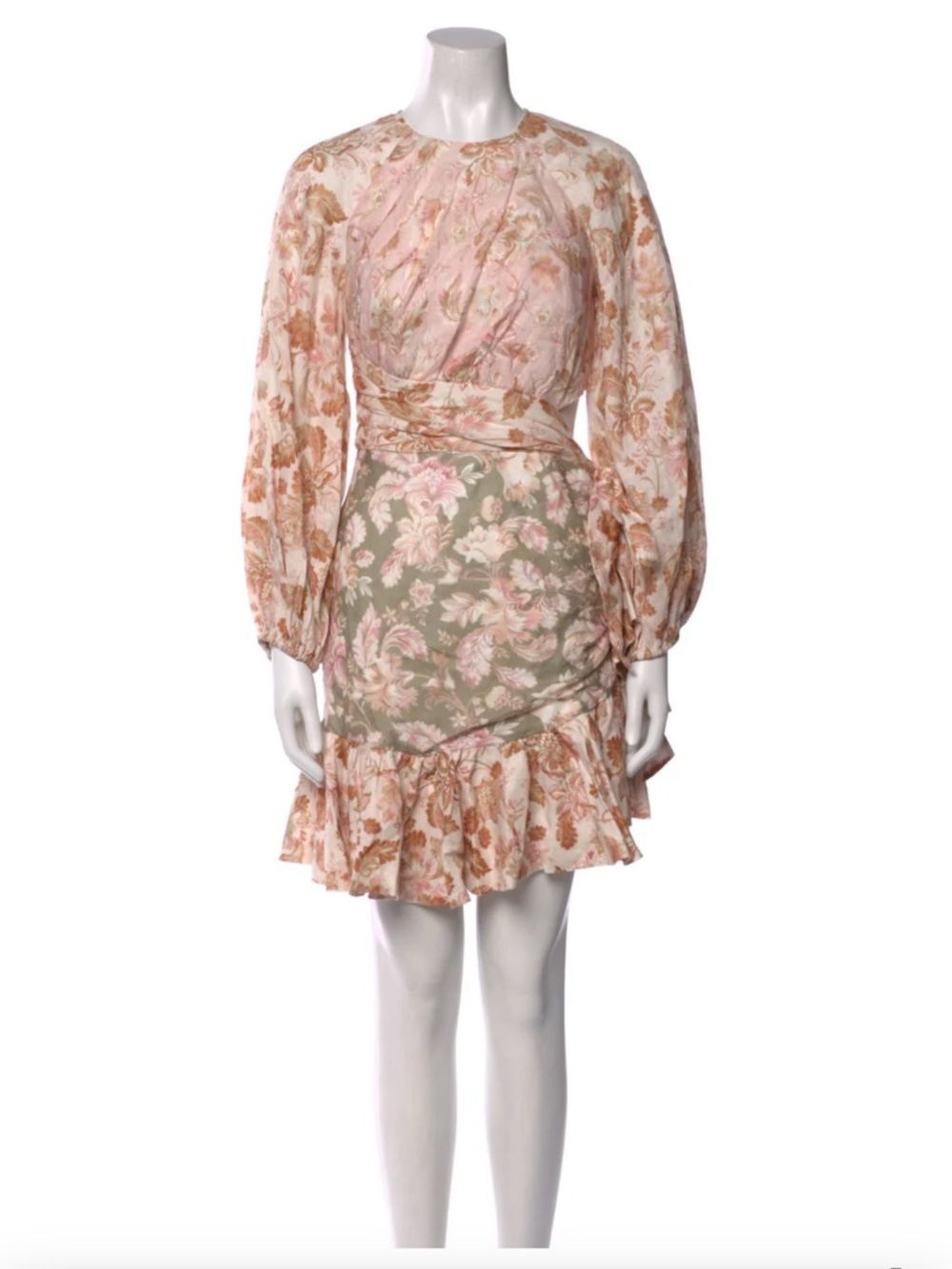 NWT Zimmermann Floral Pink and Green Long-Sleeve Ruffled Mini Dress (Size 1)